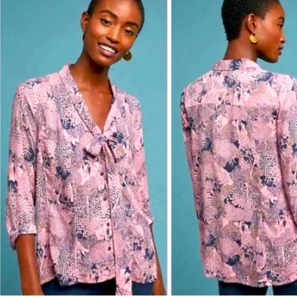 Anthropologie 19 of 52 Conversations Necktie‎ Blouse Castle Forest Print US 2